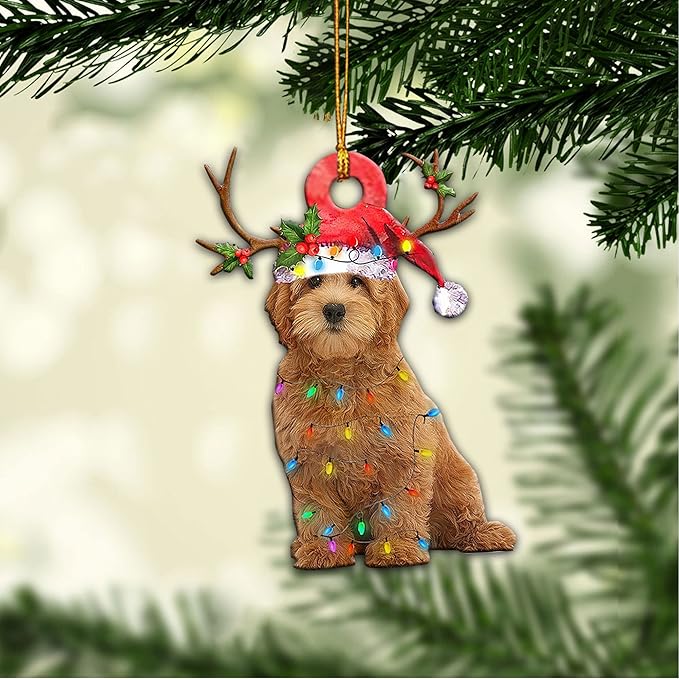 Goldendoodle Dog Wearing A Christmas Hat String Lights Christmas Ornament ON0574