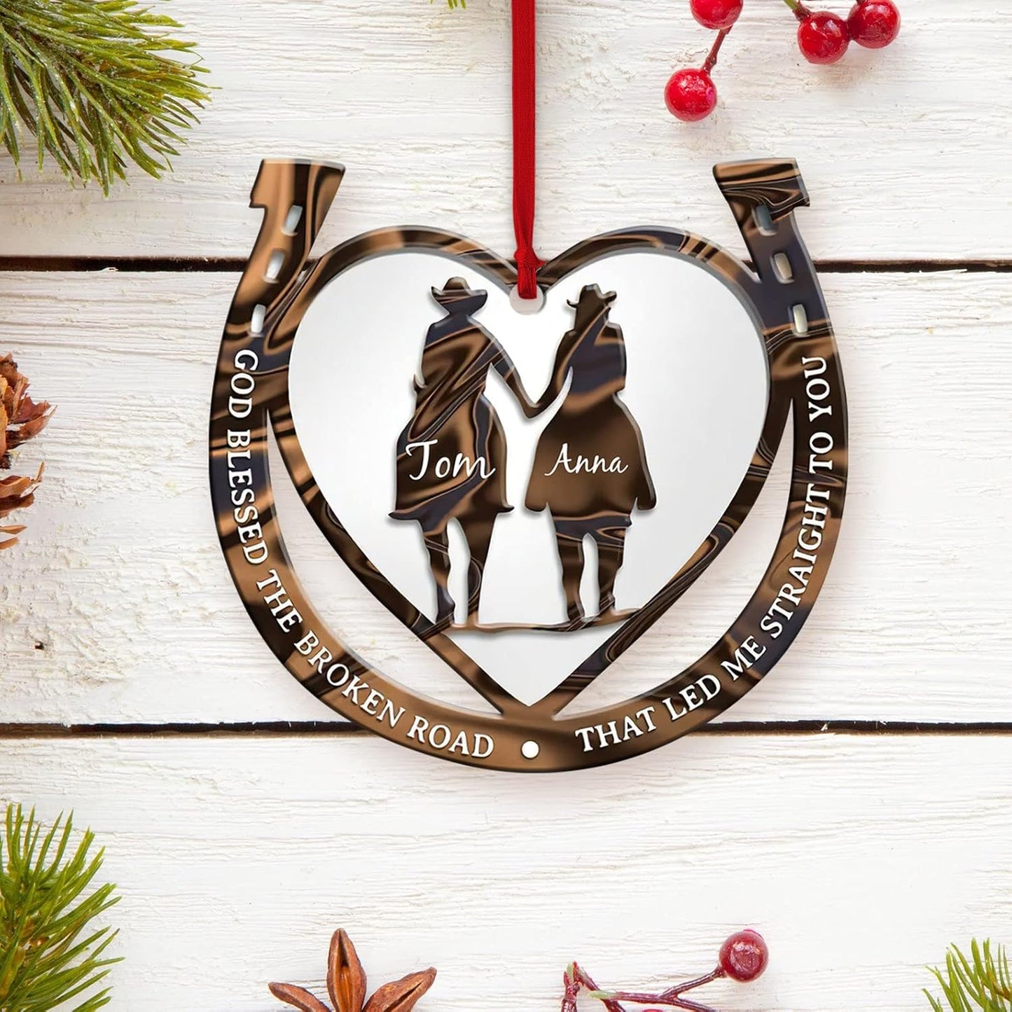 Personalized God Blessed The Broken Road Cowboy Cowgirl Couple Ornament, Custom Western Horseshoe Couple Ornament ON1001