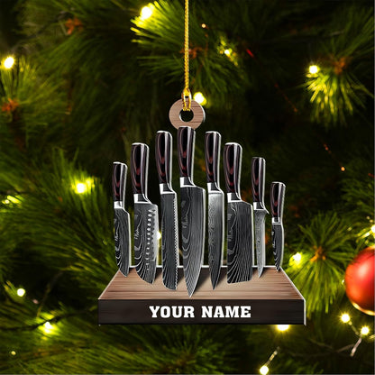 Personalized Kitchen Knife Set Chef Christmas Ornament 2024, Custom Name Chef Ornament ON0842