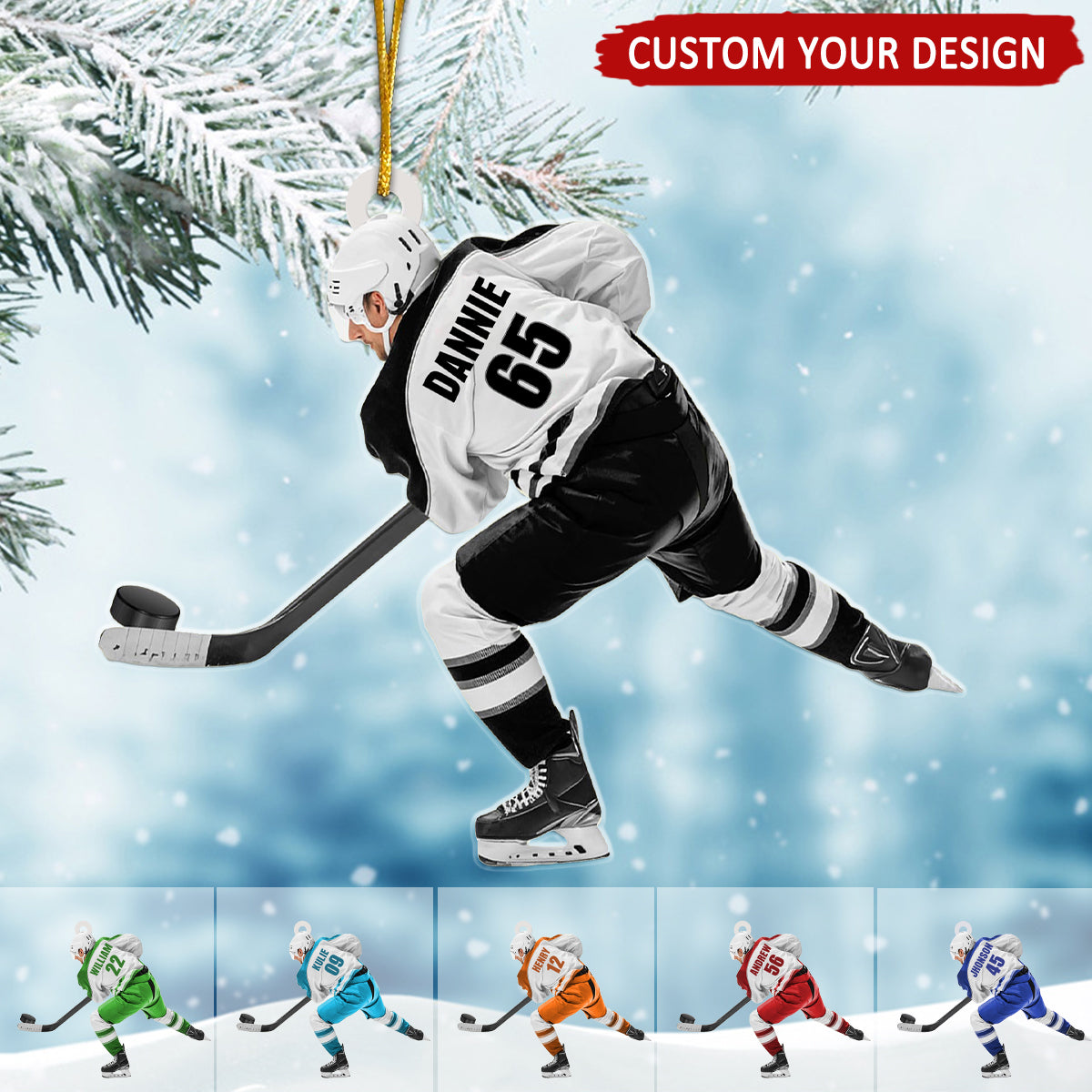 Ice Hockey Player In Competition Personalized Christmas Ornament, Custom Name Number Ice Hockey Ornament ON1733