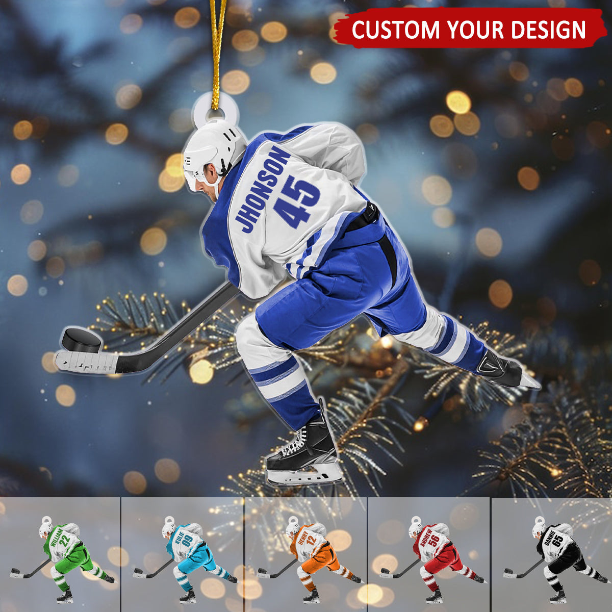 Ice Hockey Player In Competition Personalized Christmas Ornament, Custom Name Number Ice Hockey Ornament ON1733