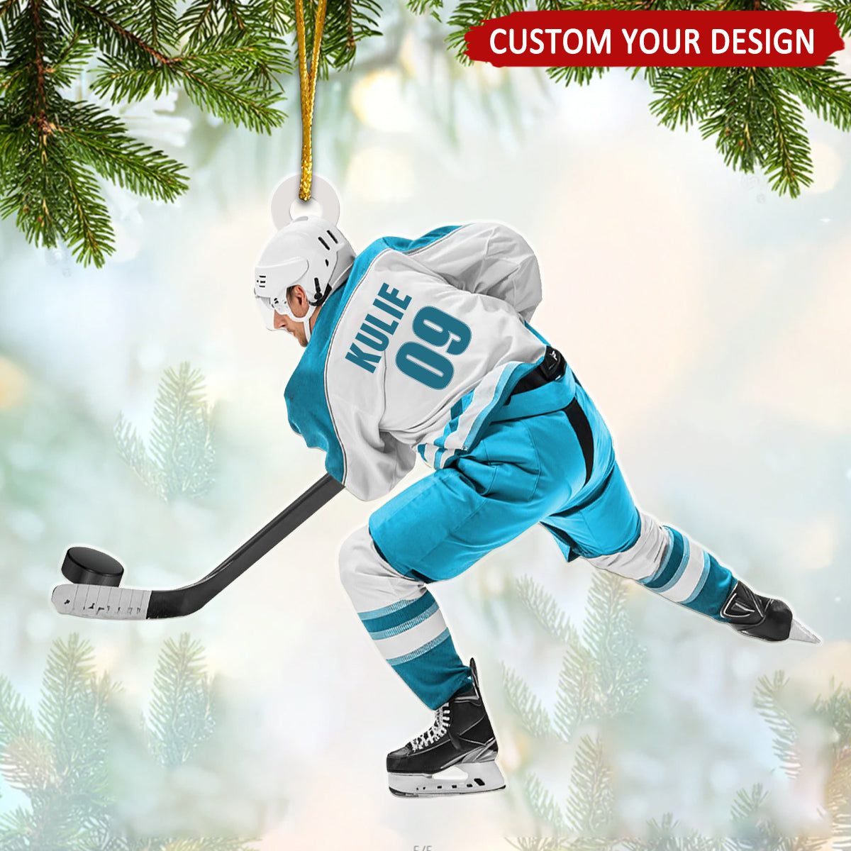 Ice Hockey Player In Competition Personalized Christmas Ornament, Custom Name Number Ice Hockey Ornament ON1733