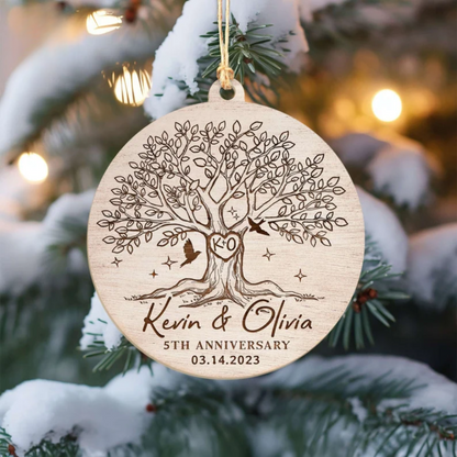 Personalized 5th Anniversary Christmas Ornament 2024, Custom Tree Anniversary Wooden Ornament With Name Wedding Date ON0111