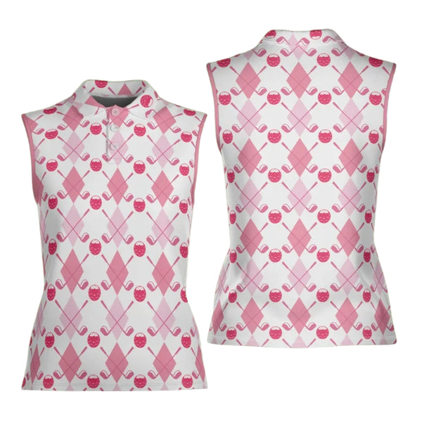 Pink Argyle Sleeveless Golf Shirt For Ladies, Women's Argyle Golf Shirts GE0180