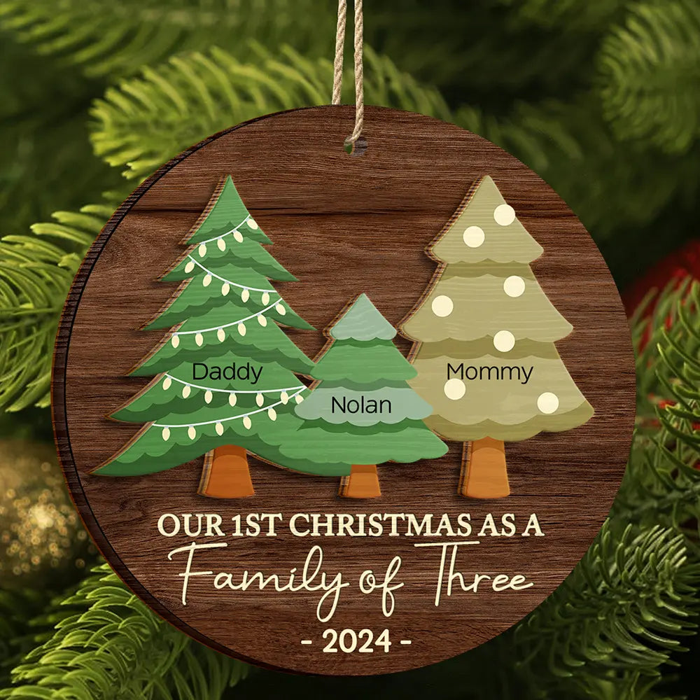 First Christmas As A Family Of Three - Personalized 2-Layered Wooden Ornament, Custom Our 1st Christmas As A Family Three Four Five... Ornament With Name ON0047