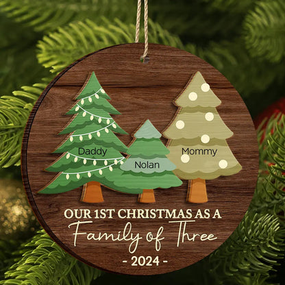 First Christmas As A Family Of Three - Personalized 2-Layered Wooden Ornament, Custom Our 1st Christmas As A Family Three Four Five... Ornament With Name ON0047