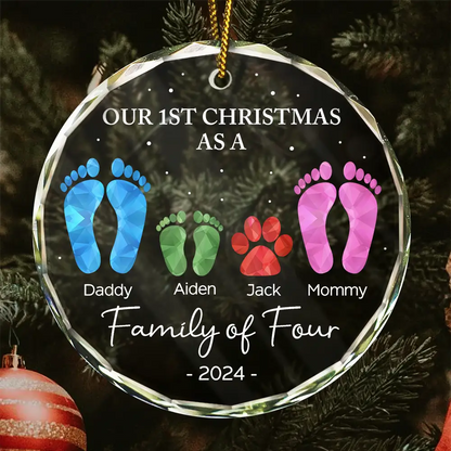 First Christmas As A Family Of Four Footprints - Personalized Circle Glass Ornament, Personalized Our 1st Christmas Family Of 4 With Dog Ornament ON0232