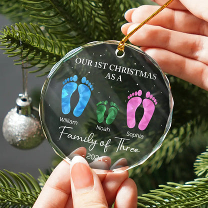 First Christmas As A Family Of Four Footprints - Personalized Circle Glass Ornament, Personalized Our 1st Christmas Family Of 4 With Dog Ornament ON0232