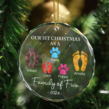 First Christmas As A Family Of Four Footprints - Personalized Circle Glass Ornament, Personalized Our 1st Christmas Family Of 4 With Dog Ornament ON0232