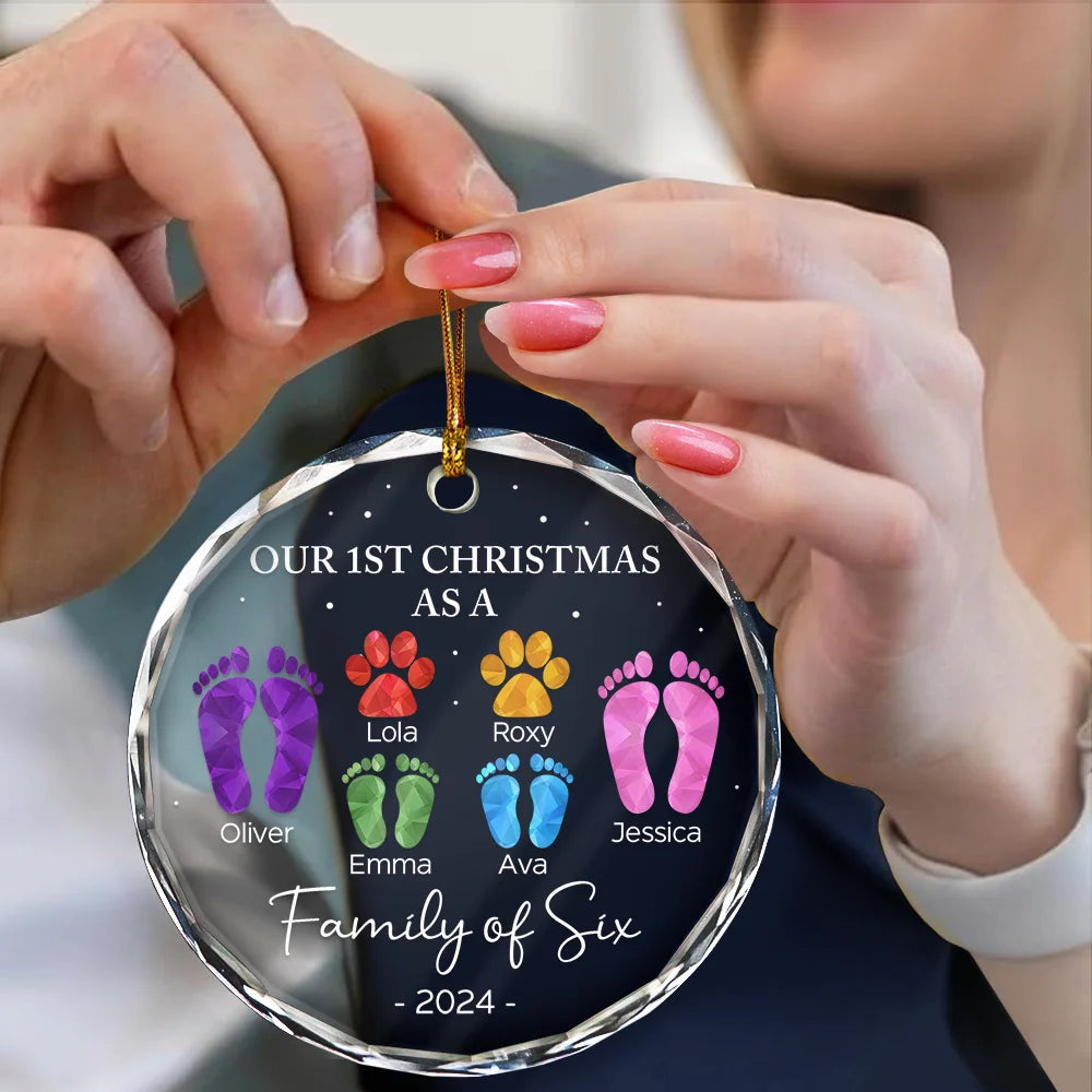 First Christmas As A Family Of Four Footprints - Personalized Circle Glass Ornament, Personalized Our 1st Christmas Family Of 4 With Dog Ornament ON0232