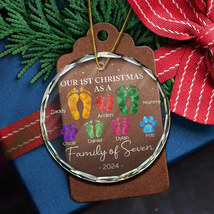 First Christmas As A Family Of Four Footprints - Personalized Circle Glass Ornament, Personalized Our 1st Christmas Family Of 4 With Dog Ornament ON0232