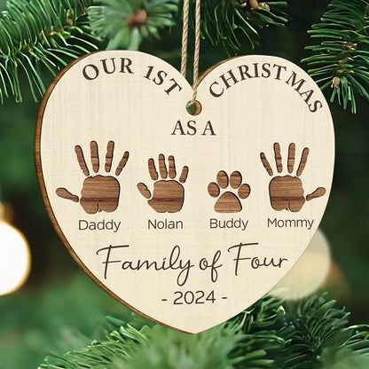 First Christmas As A Family Of Four Handprints - Personalized Custom Shaped Wooden Ornament, Custom Our 1ST Christmas As A Family Ornament 2024 ON0315