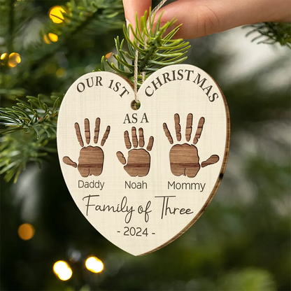 First Christmas As A Family Of Four Handprints - Personalized Custom Shaped Wooden Ornament, Custom Our 1ST Christmas As A Family Ornament 2024 ON0315