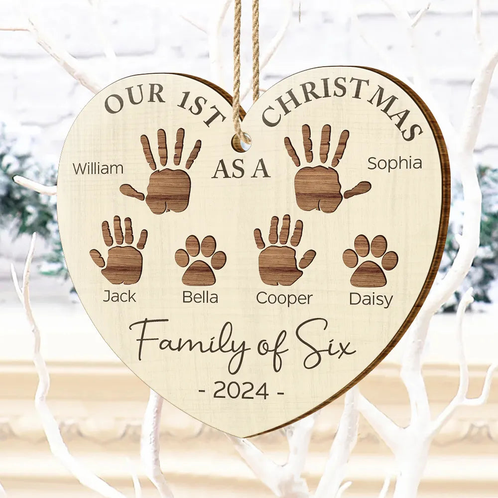 First Christmas As A Family Of Four Handprints - Personalized Custom Shaped Wooden Ornament, Custom Our 1ST Christmas As A Family Ornament 2024 ON0315