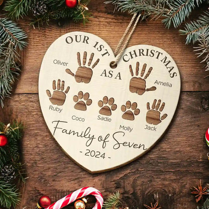 First Christmas As A Family Of Four Handprints - Personalized Custom Shaped Wooden Ornament, Custom Our 1ST Christmas As A Family Ornament 2024 ON0315