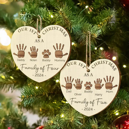 First Christmas As A Family Of Four Handprints - Personalized Custom Shaped Wooden Ornament, Custom Our 1ST Christmas As A Family Ornament 2024 ON0315