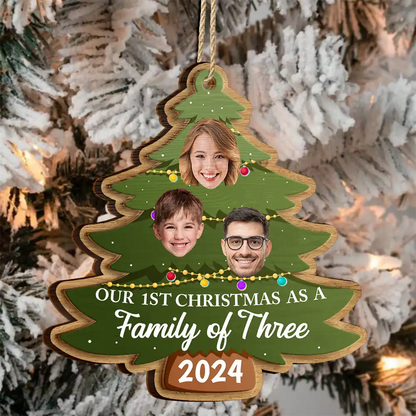 Custom Photo First Christmas As A Family Of Four Family Tree - Personalized 2-Layered Wooden Ornament, Our 1st Christmas As A Family Ornament ON0392