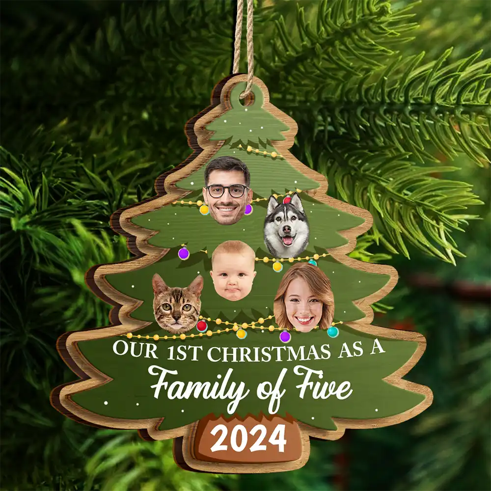 Custom Photo First Christmas As A Family Of Four Family Tree - Personalized 2-Layered Wooden Ornament, Our 1st Christmas As A Family Ornament ON0392