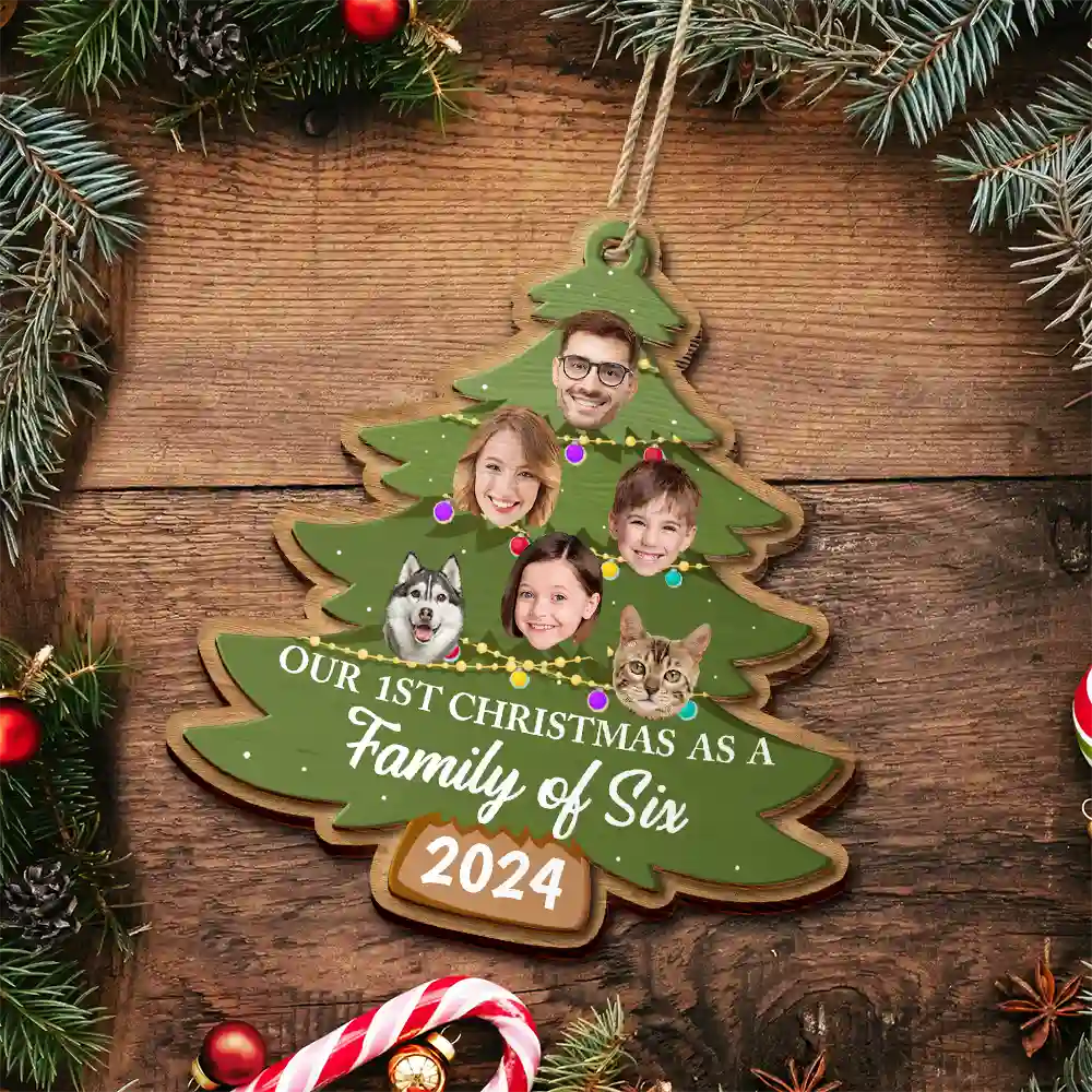 Custom Photo First Christmas As A Family Of Four Family Tree - Personalized 2-Layered Wooden Ornament, Our 1st Christmas As A Family Ornament ON0392