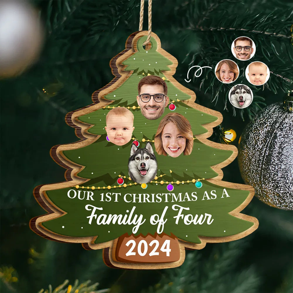 Custom Photo First Christmas As A Family Of Four Family Tree - Personalized 2-Layered Wooden Ornament, Our 1st Christmas As A Family Ornament ON0392