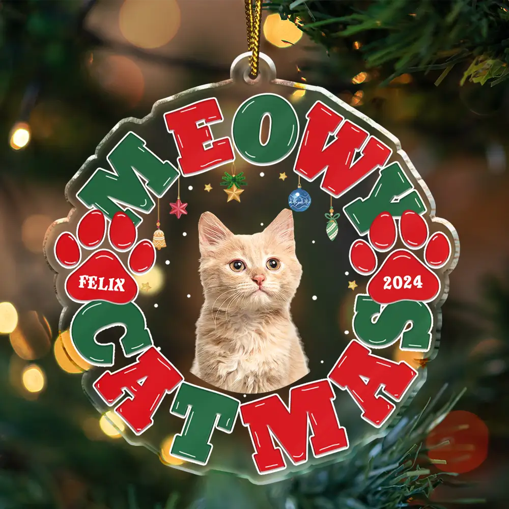 Custom Photo Meowy Catmas Merry Woofmas - Personalized Custom Shaped Acrylic Ornament, Custom Photo Cat Dog Christmas Ornament ON0429