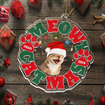 Custom Photo Meowy Catmas Merry Woofmas - Personalized Custom Shaped Acrylic Ornament, Custom Photo Cat Dog Christmas Ornament ON0429