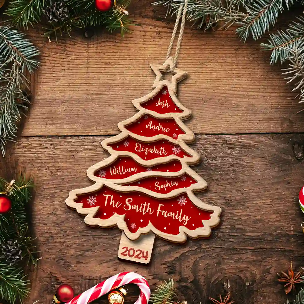 Christmas Tree Family Bestie Custom Names Version 3 - Personalized 2-Layered Wooden Ornament, Personalized Family Christmas Tree Ornaments 2024 ON0196