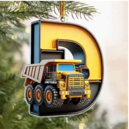 Personalized Construction Vehicle Letter Ornament 2024, Custom Initial Letter Truck Tractor Ornament ON0970