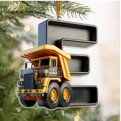 Personalized Construction Vehicle Letter Ornament 2024, Custom Initial Letter Truck Tractor Ornament ON0970