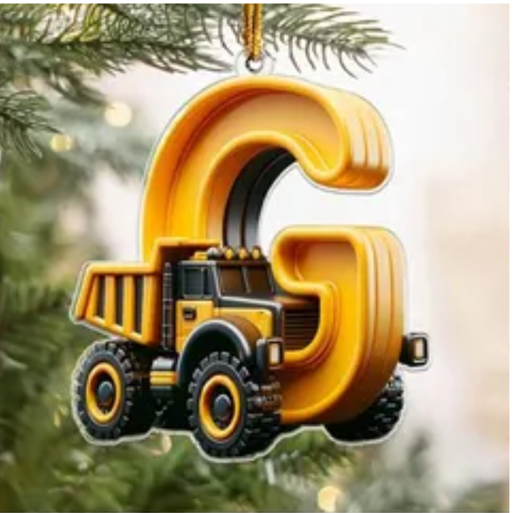 Personalized Construction Vehicle Letter Ornament 2024, Custom Initial Letter Truck Tractor Ornament ON0970