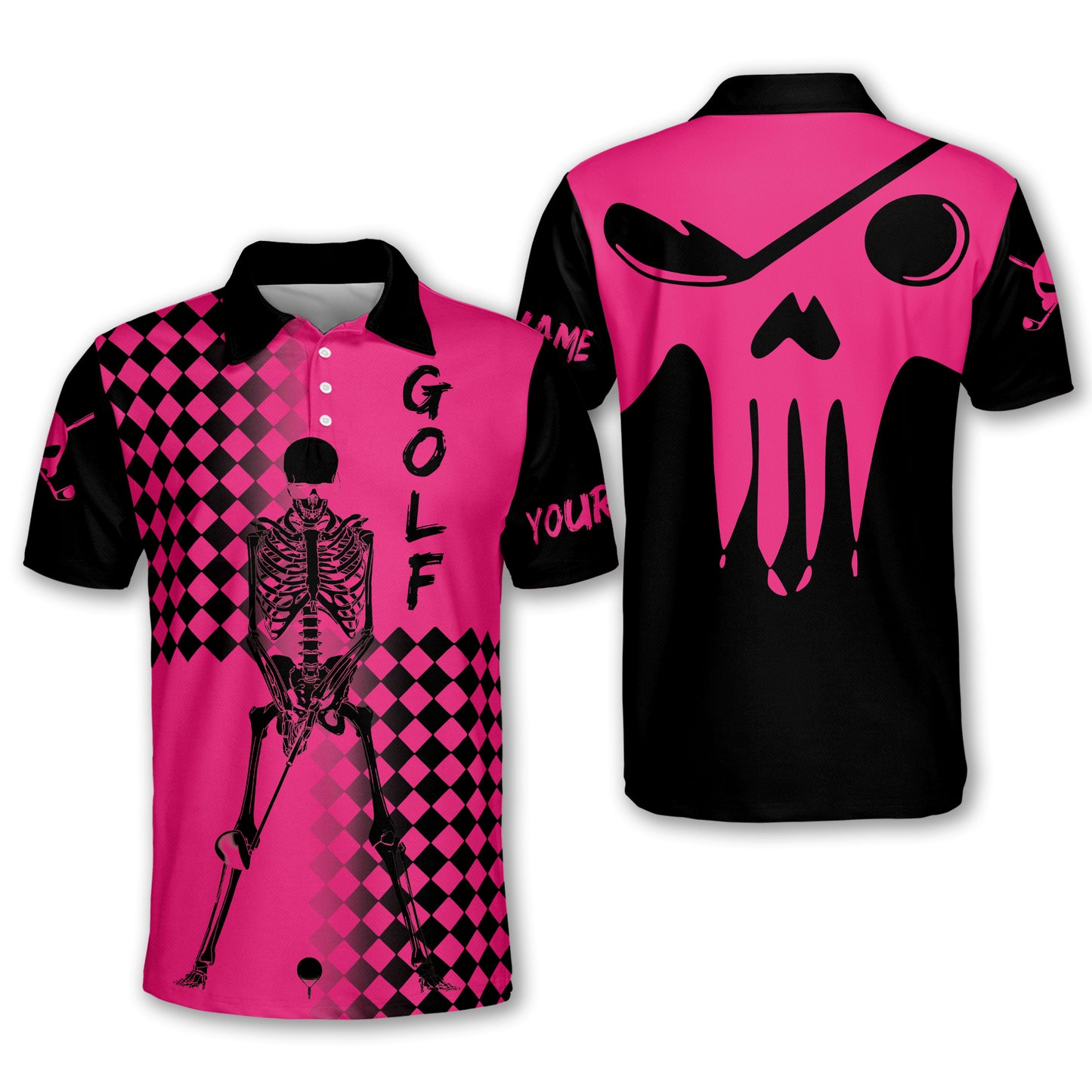 Masnine Mens golf polo shirt black and pink golf skull custom men golf shirts GA0297