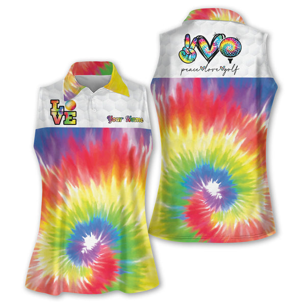 Custom Peace Love Golf Tie Dye Sleeveless Golf Shirt Womens, Ladies Tie Dye Golf Shirts GE0002