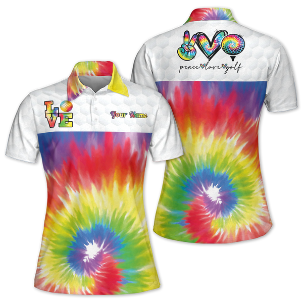 Custom Peace Love Golf Tie Dye Golf Polo Shirt Womens, Womens Tie Dye Golf Shirts GE0011