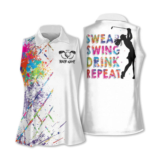 Swing Swear Drink Repeat Custom Ladies Sleeveless Golf Shirts, Custom Fun Womens Golf Shirts GE0013