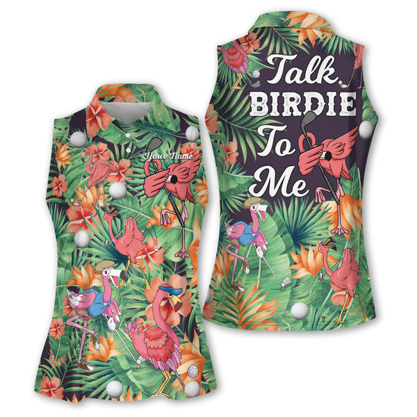 Talk Birdie To Me Custom Women's Tropical Flamingo Sleeveless Golf Shirts, Custom Funny Tropical Golf Shirts For Women GE0018