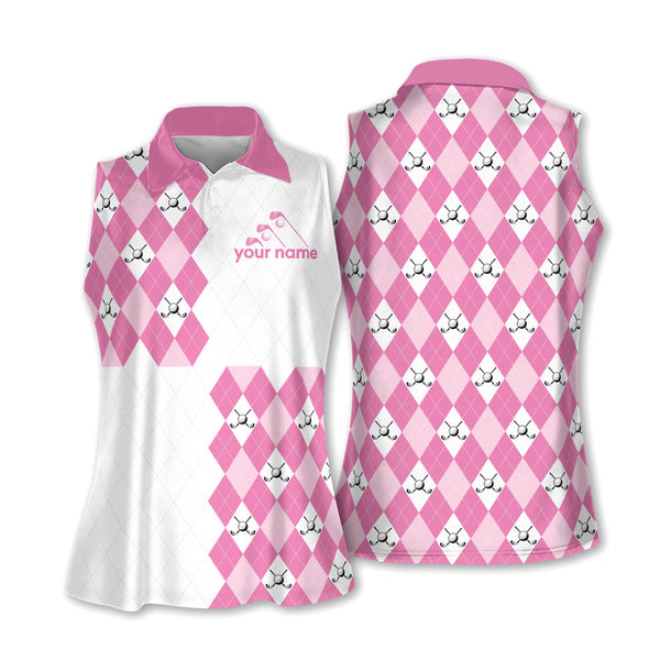 Custom Women's Pink Argyle Sleeveless Golf Shirt, Custom Womens Argyle Golf Shirt GE0020
