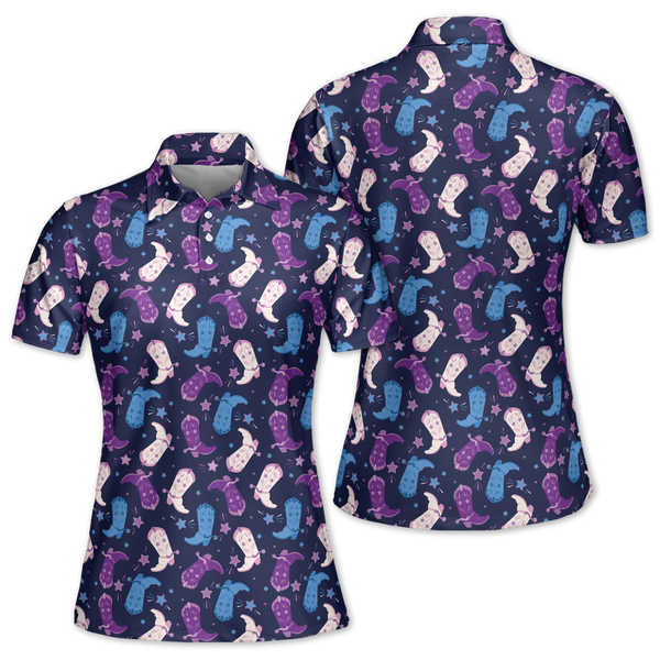Purple Cowgirl Boot Golf Polo Shirt, Western Golf Shirts Women GE0023