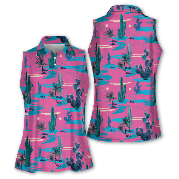 Pink Desert Cactus Sleeveless Women's Golf Shirts, Western Golf Shirts Women GE0025