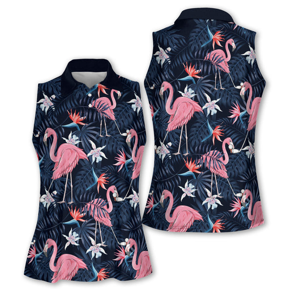 Women's Flamingo Tropical Sleeveless Golf Shirts, Flamingo Golf Shirts Ladies GE0036