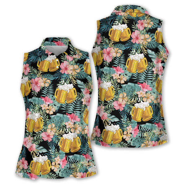 Women's Beer Tropical Sleeveless Golf Shirts, Tropical Golf Shirts Ladies GE0039