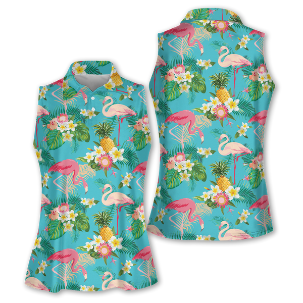 Flamingo Tropical Sleeveless Golf Shirt Women's, Ladies Tropical Golf Shirts GE0050