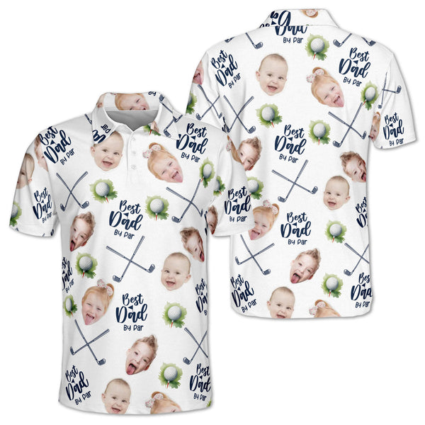 Best Dad By Par Custom Face Mens White Golf Polo Shirts, Custom Father Day Fun Golf Shirts For Men GE0072