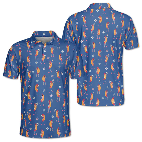 Fun Hot Dog Men's Blue Golf Polos Shirt, Hot Dog Golf Shirt Men GE0098
