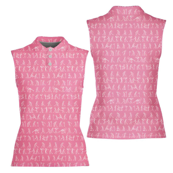 Ladies Pink Stickfigures Sleeveless Golf Shirts, Funny Golf Shirts For Women GE0106