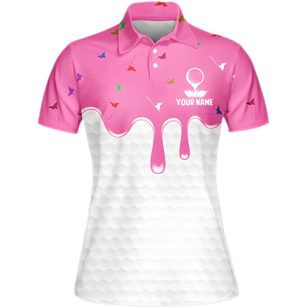 Custom White And Pink Ice Cream Golf Polo Shirts For Women, Custom Women's Golf Shirts GE0107