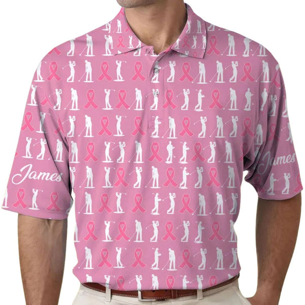 Custom Pink Ribbon Golf Polo Shirt For Men, Custom Men's Breast Cancer Awareness Golf Shirt GE0157
