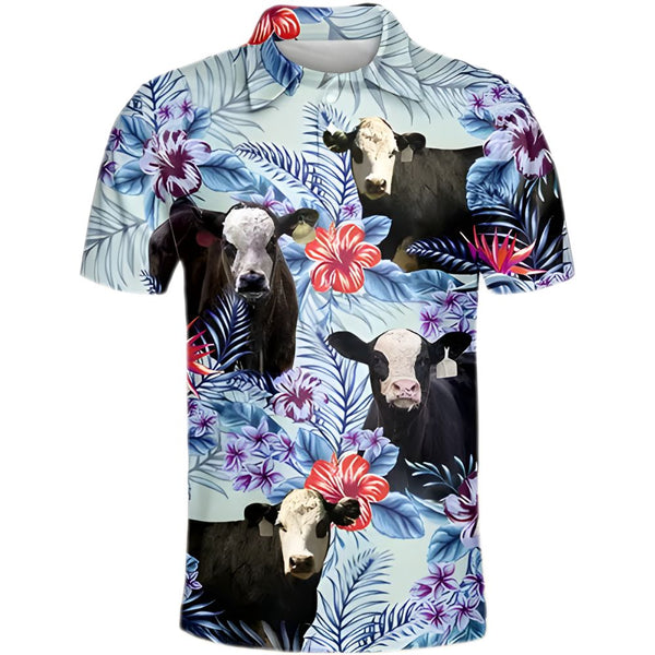 Hereford Cow Tropical Golf Polo Shirt For Men, Mens Cow Golf Shirts GE0164