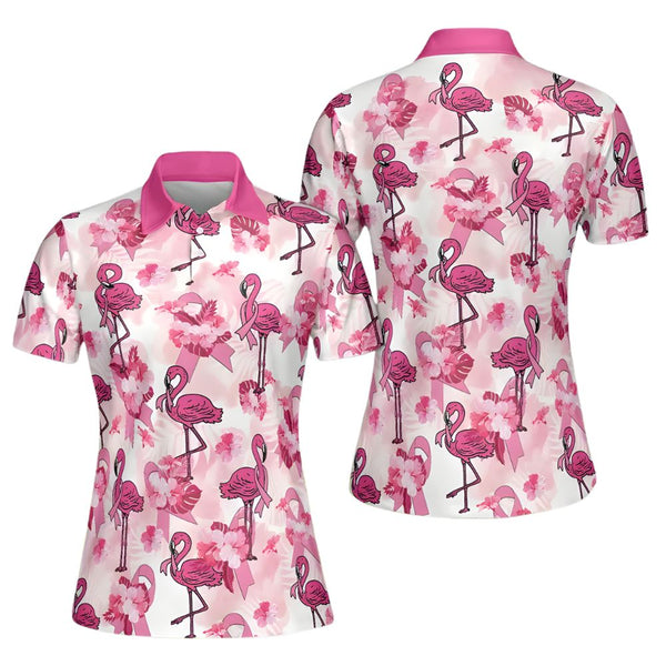 Women Flamingo Pink Ribbon Golf Polo Shirt, Breast Cancer Awareness Golf Shirts GE0170