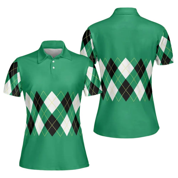 Green Argyle Golf Polo Shirt For Ladies, Women's Argyle Golf Shirts GE0171