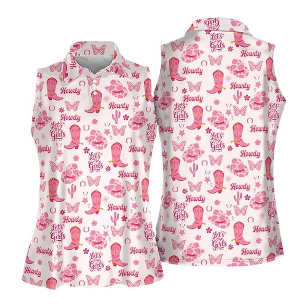 Let's Go Girls Cowgirl Pink Sleeveless Golf Shirt, Western Golf Shirts Women GW0067